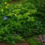 Winterharte Bodendecker wie Immergrün, Golderdbeere und Thymian bedecken dicht den Gartenboden.