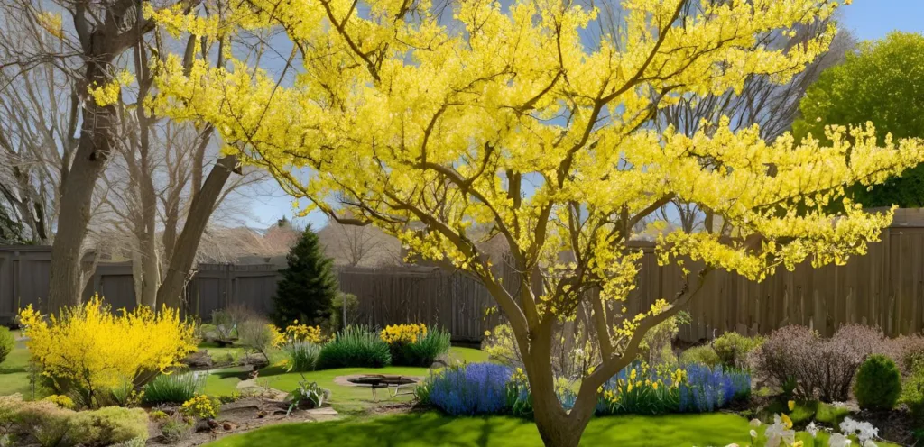 Große blühende Forsythie mit Frühlingsblumen und Feuerstelle im Garten