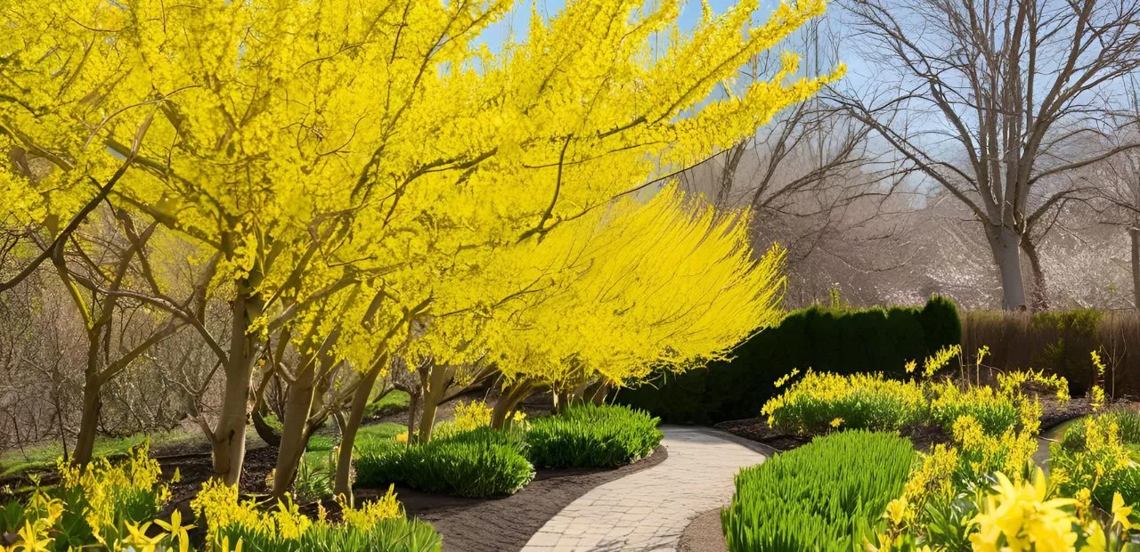 Blühende Forsythien säumen einen geschwungenen Gartenweg im Frühlingsgarten