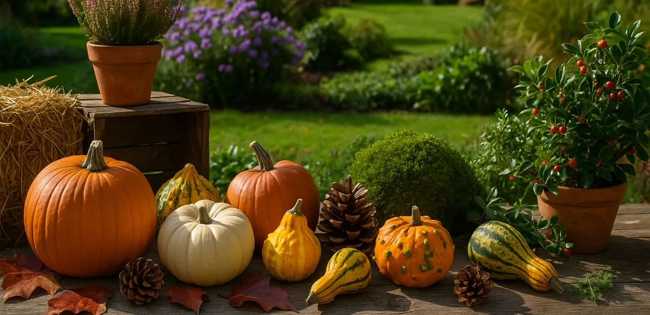 5 wundervolle Ideen für deine Herbstdeko im Garten mit Zierkürbissen Herbstdeko im Garten mit Zierkürbissen, buntem Laub, Kiefernzapfen und Pflanzen in herbstlicher Stimmung.