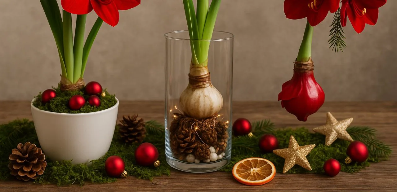 Amaryllis weihnachtlich dekorieren mit Moos, Kugeln und Zapfen, im Topf, Glas und hängend für festliche Deko-Ideen.
