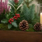 Winterlich dekorierter Blumenkasten mit Tannenzweigen, Erika, roten Beeren, Zapfen und Kerze auf Holztisch.