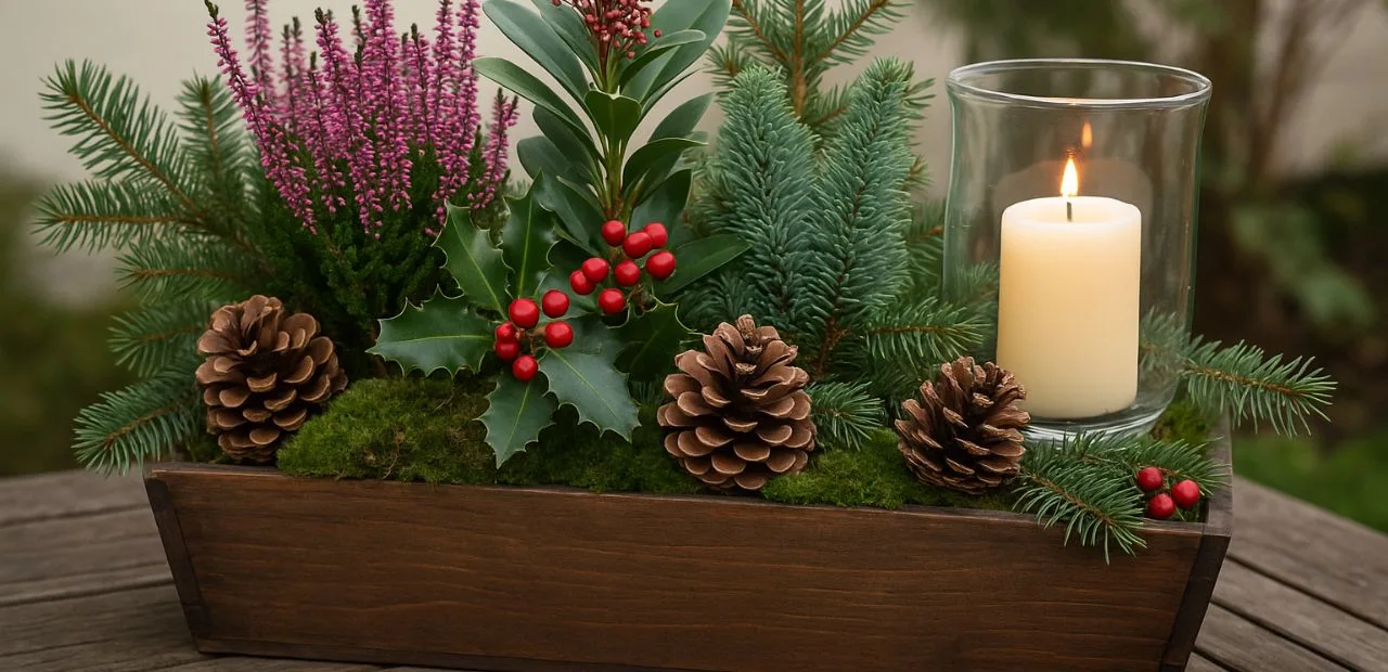 Winterlich dekorierter Blumenkasten mit Tannenzweigen, Erika, roten Beeren, Zapfen und Kerze auf Holztisch.