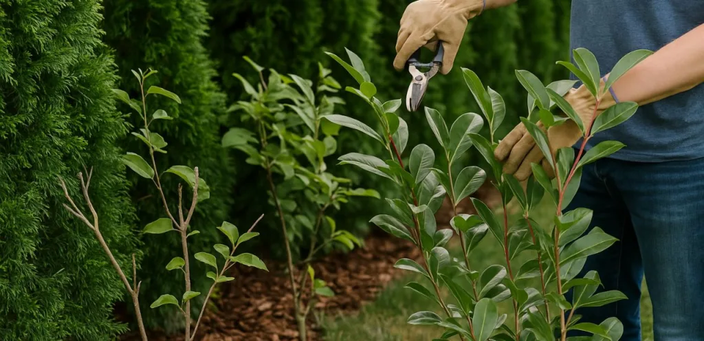 Gärtner schneidet winterharte Sichtschutzpflanzen wie Kirschlorbeer und Thuja, gepflegter Garten mit Mulch und grüner Hecke.
