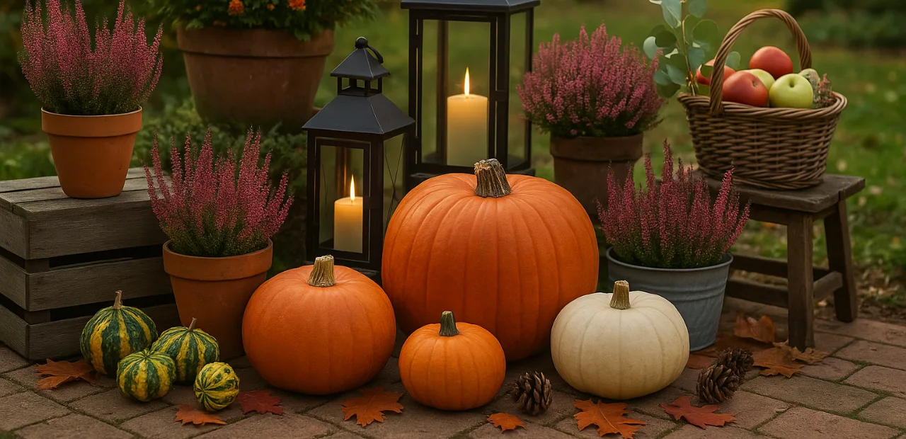 Herbstdeko im Garten mit Kürbissen, Chrysanthemen, Heide, Laternen und Korb voller Äpfel auf Terrasse.