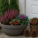Herbstbepflanzung für Kübel an der Haustür mit Heidekraut, Chrysanthemen, Zierkohl, Kürbis und Zapfen.
