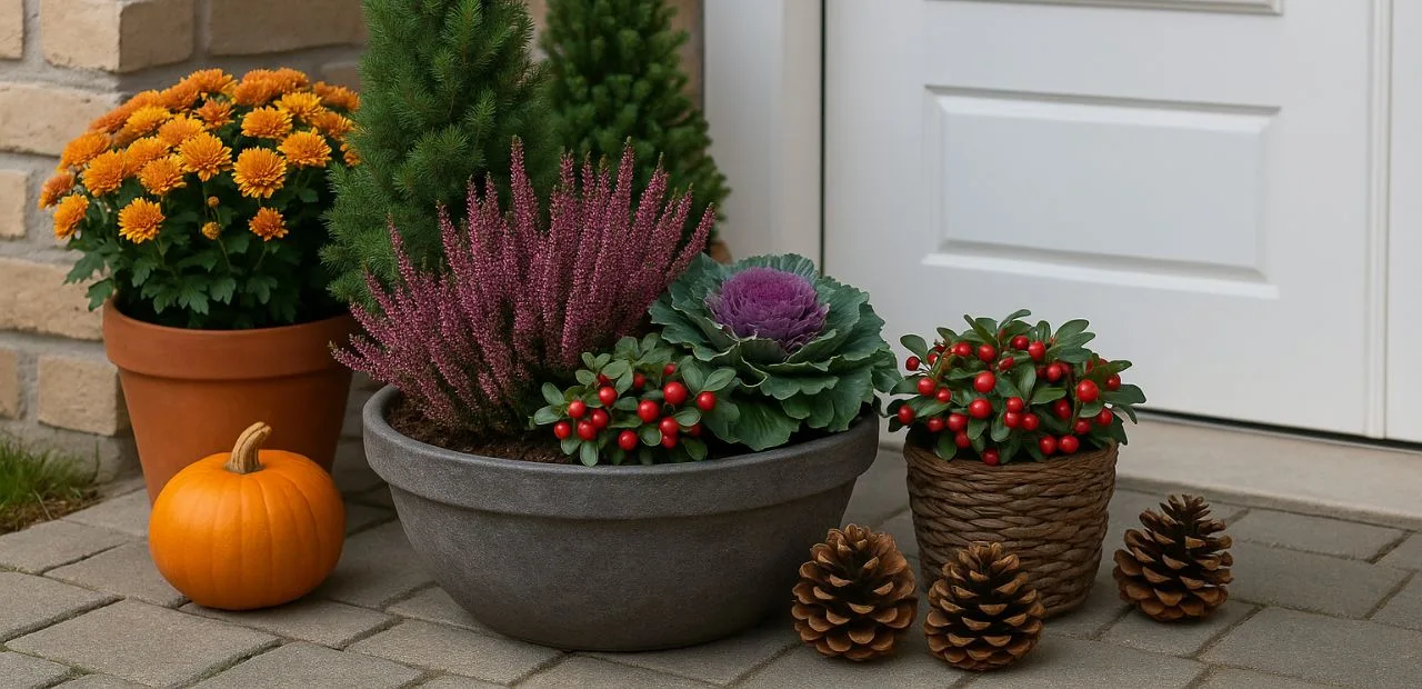 Herbstbepflanzung für Kübel an der Haustür mit Heidekraut, Chrysanthemen, Zierkohl, Kürbis und Zapfen.