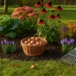 Herbstlicher Garten Ende September mit Beeten, Rasenpflege und Blumenzwiebeln für die letzten Gartenarbeiten.