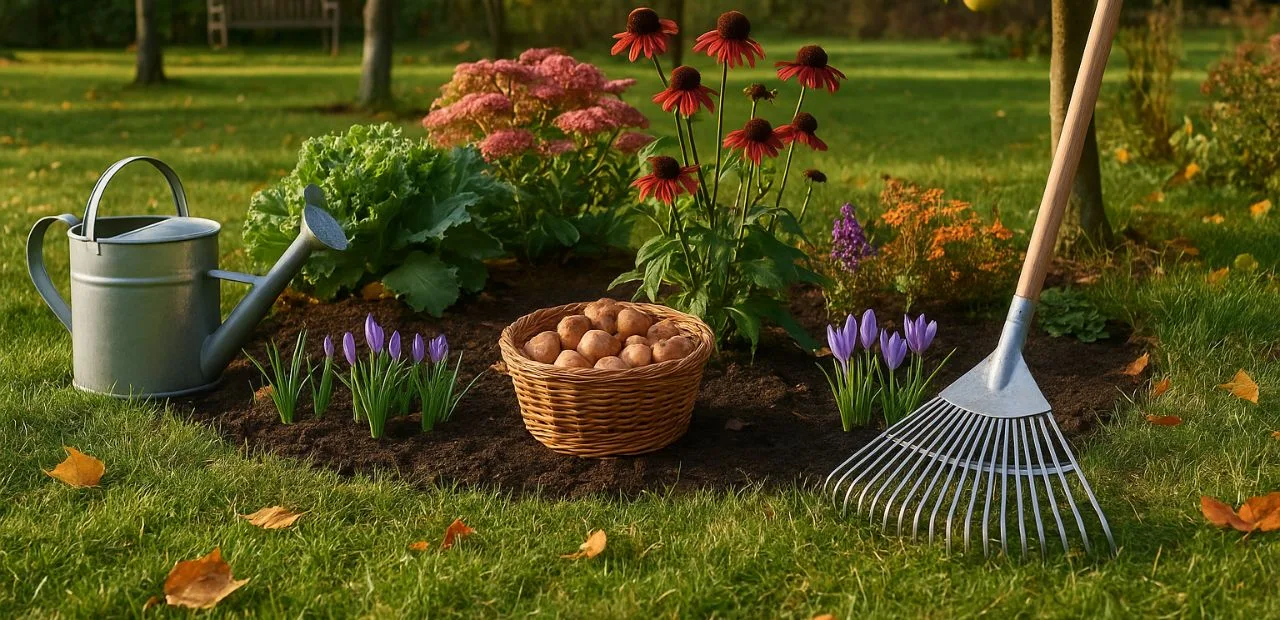 Herbstlicher Garten Ende September mit Beeten, Rasenpflege und Blumenzwiebeln für die letzten Gartenarbeiten.