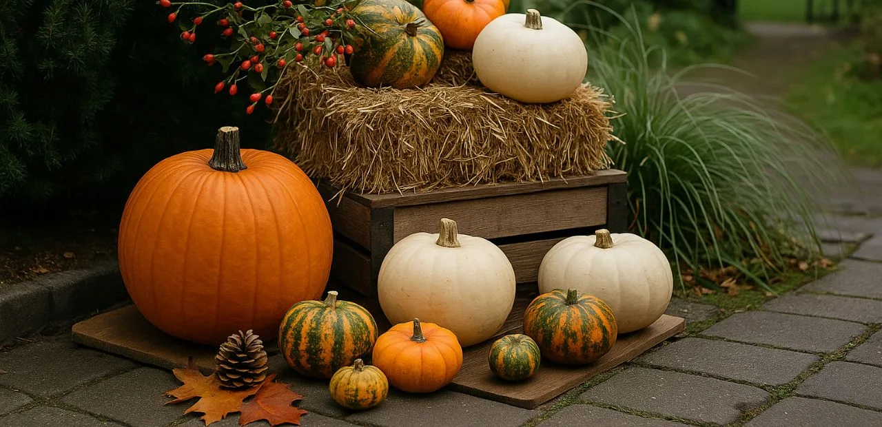 5 wundervolle Ideen für deine Herbstdeko im Garten mit Zierkürbissen Kuerbisarrangements am Garteneingang