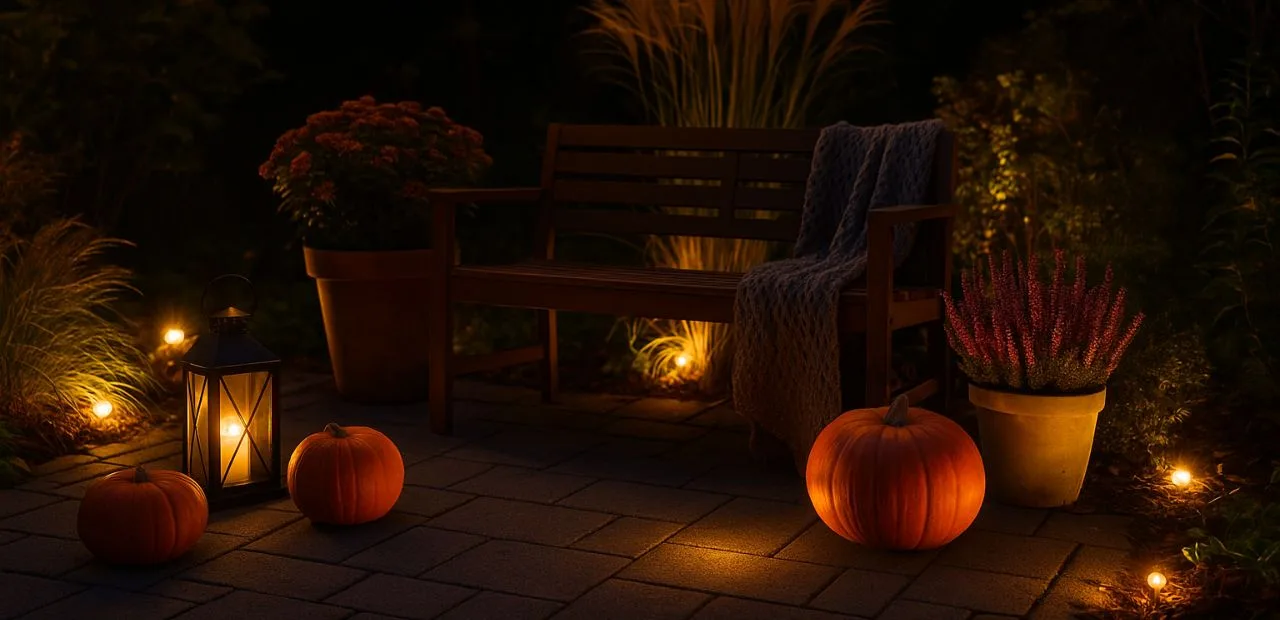 Terrassengestaltung im Herbst - Tipps für Deko, Pflanzen & Schutz Herbstliche Terrasse am Abend mit Solarleuchten, Lichterkette und Laterne, stimmungsvolle Beleuchtung für dunkle Herbsttage.