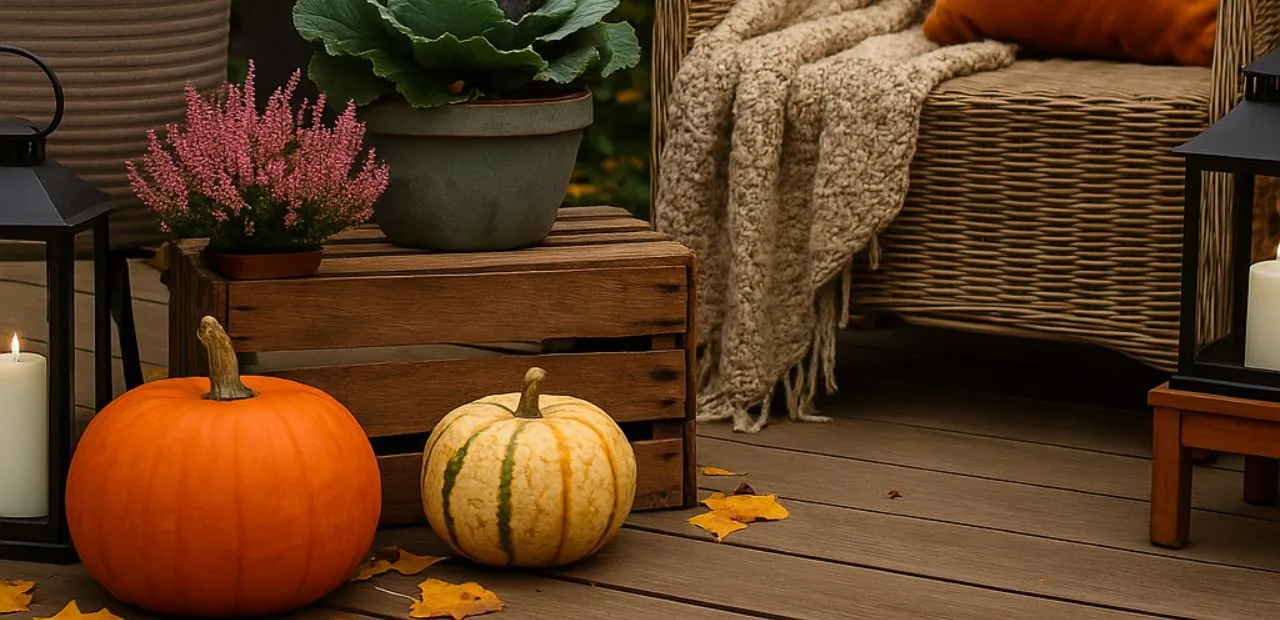Terrassengestaltung im Herbst – Tipps für Deko, Pflanzen & Schutz Herbstliche Terrasse mit Kürbissen, Laternen und Pflanzen, gemütlich dekoriert für die Terrassengestaltung im Herbst.