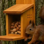 Eichhörnchen Futterhaus aus Holz am Baum, mit Nüssen gefüllt, rotes Eichhörnchen sitzt daneben im Garten.