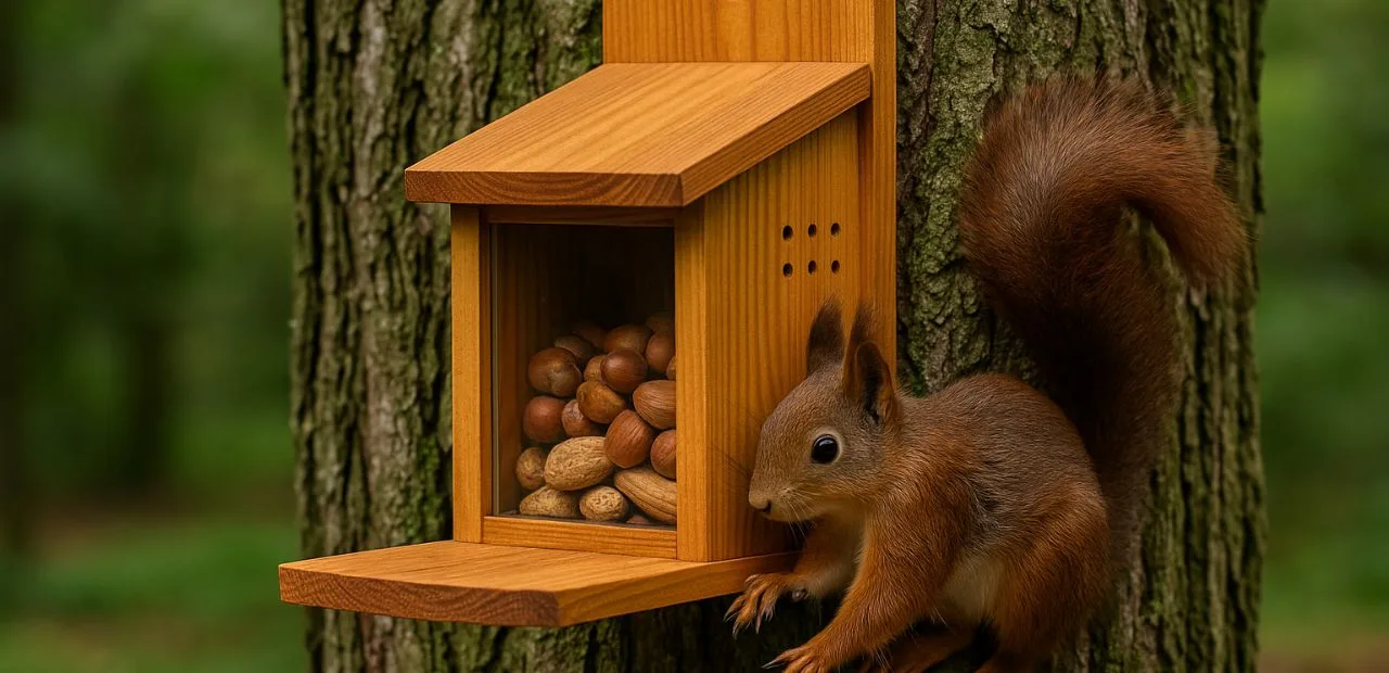 Eichhörnchen Futterhaus aus Holz am Baum, mit Nüssen gefüllt, rotes Eichhörnchen sitzt daneben im Garten.