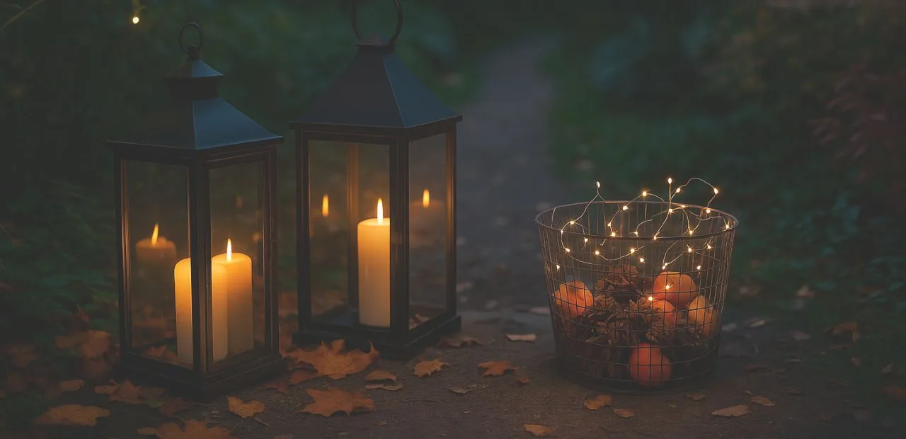 Laternen und Lichter im herbstlichen Garten mit Kerzen, Drahtkorb, Kürbissen und Lichterkette am Abendweg.