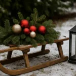 Dekorierter Holzschlitten mit Tannenzweigen und Kugeln als Weihnachtsdeko draußen