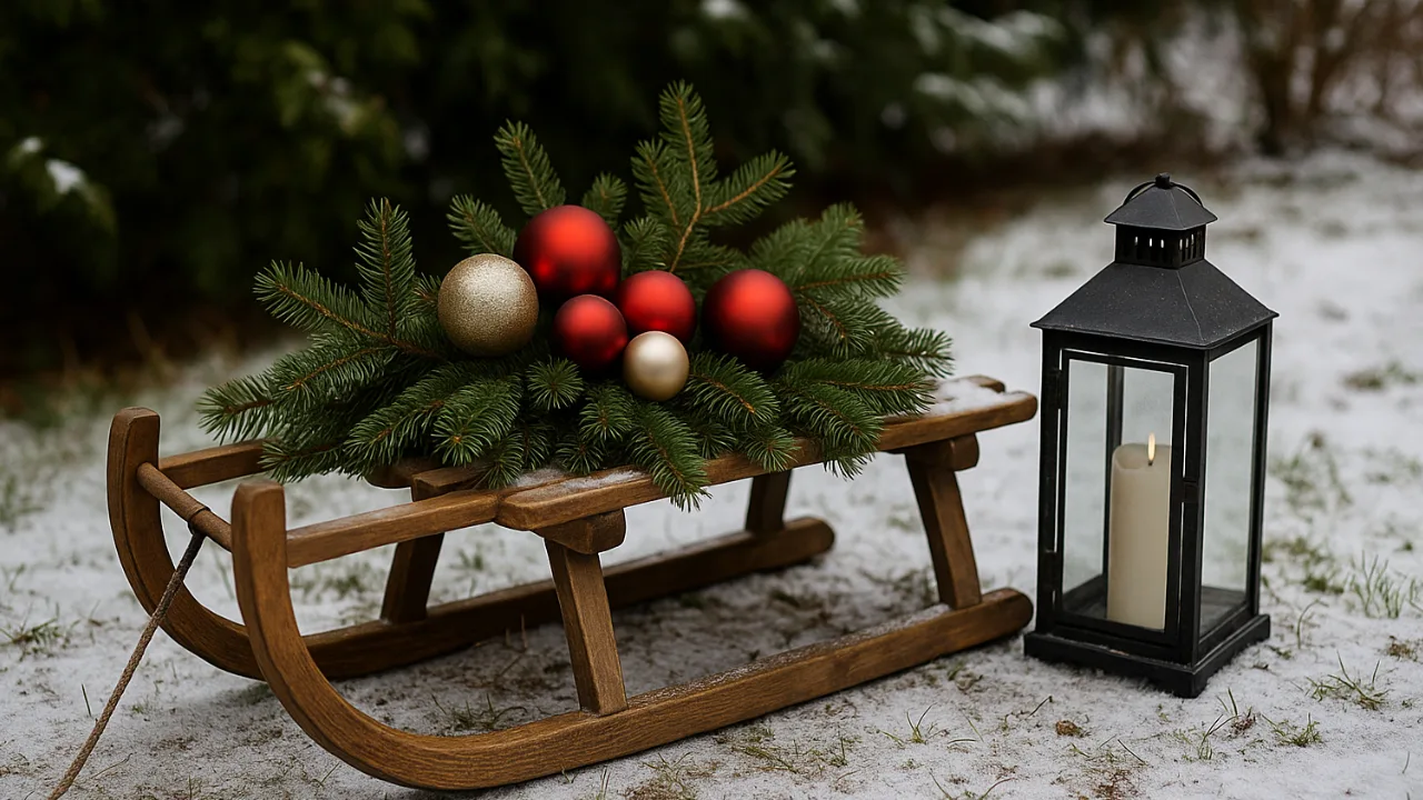 Dekorierter Holzschlitten mit Tannenzweigen und Kugeln als Weihnachtsdeko draußen