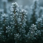 Thymian überwintern im Freien – frostbedeckte Thymianzweige im Garten