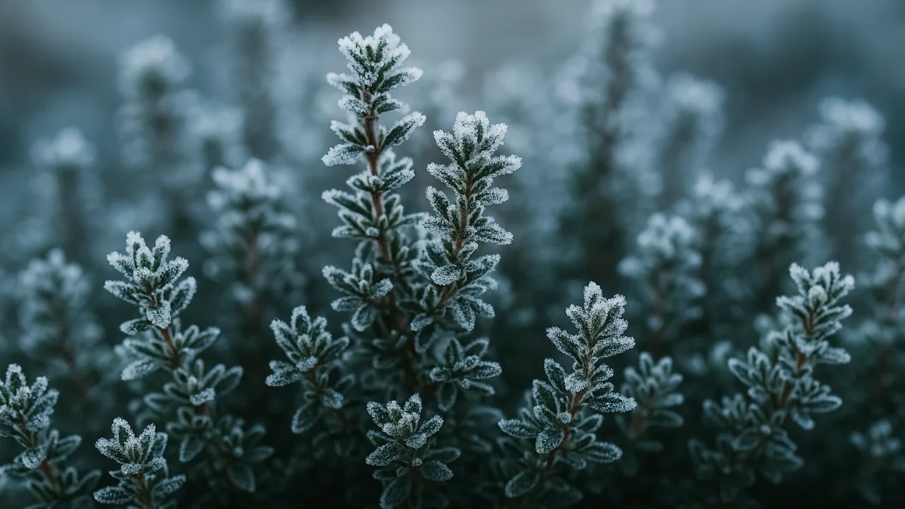 Thymian überwintern im Freien – frostbedeckte Thymianzweige im Garten