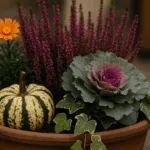 Herbstschale mit Heide, Zierkohl und Kürbis in Terrakottatopf auf Terrasse