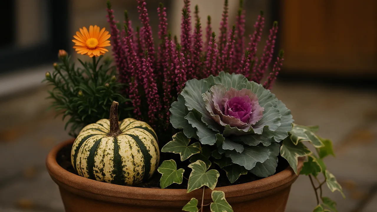 Herbstschale mit Heide, Zierkohl und Kürbis in Terrakottatopf auf Terrasse