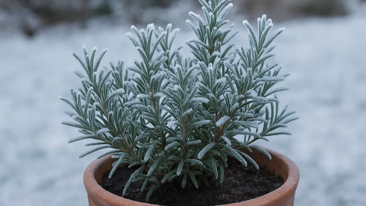 Rosmarin im Topf mit Frost überzogen im winterlichen Garten