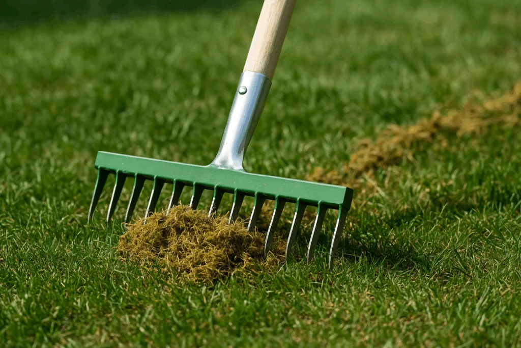 Rasenpflege im Oktober - 5 wichtige Aufgaben für gesunden Rasen Gärtner vertikutiert Rasen im Oktober und entfernt Moos sowie Rasenfilz