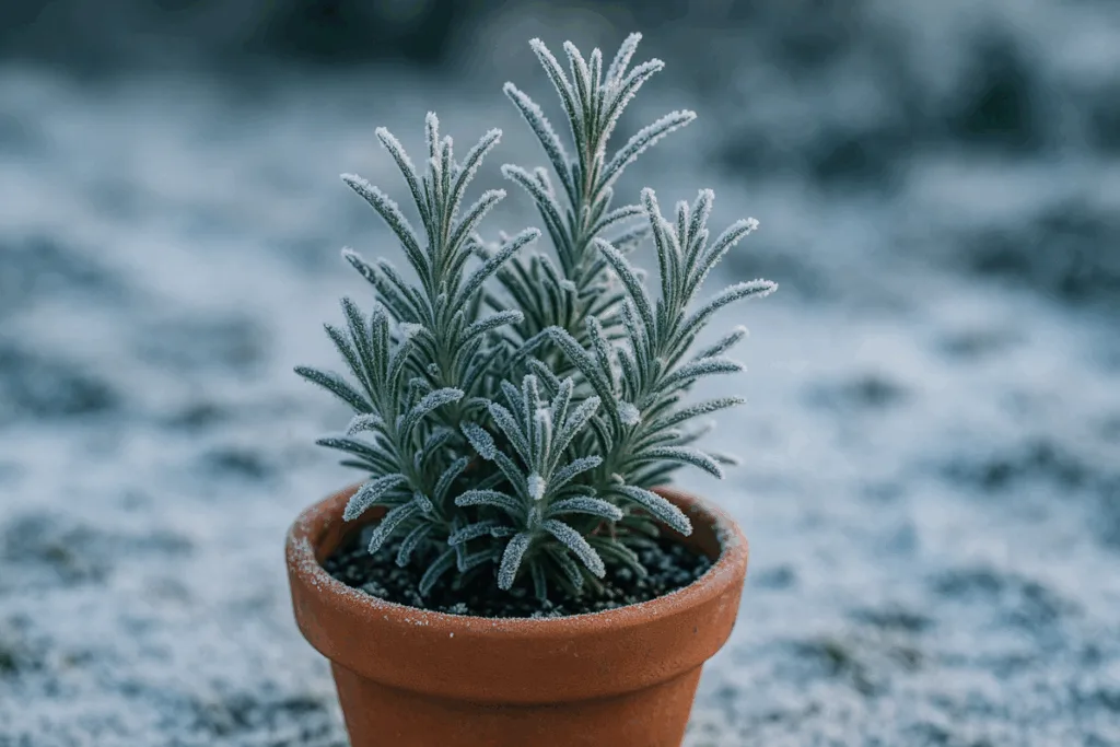 Rosmarin richtig überwintern - Tipps für Topf, Garten & Balkon Frostüberzogener Rosmarin im Tontopf – Rosmarin überwintern im Topf im Winter