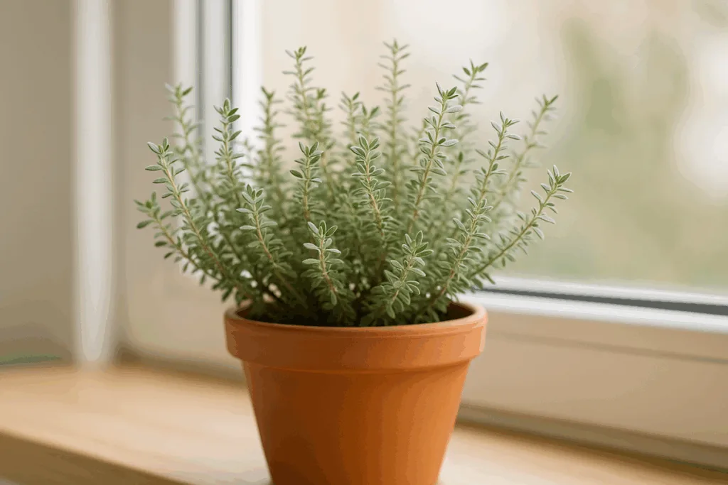 Thymian in der Wohnung überwintern – Topfpflanze auf heller Fensterbank