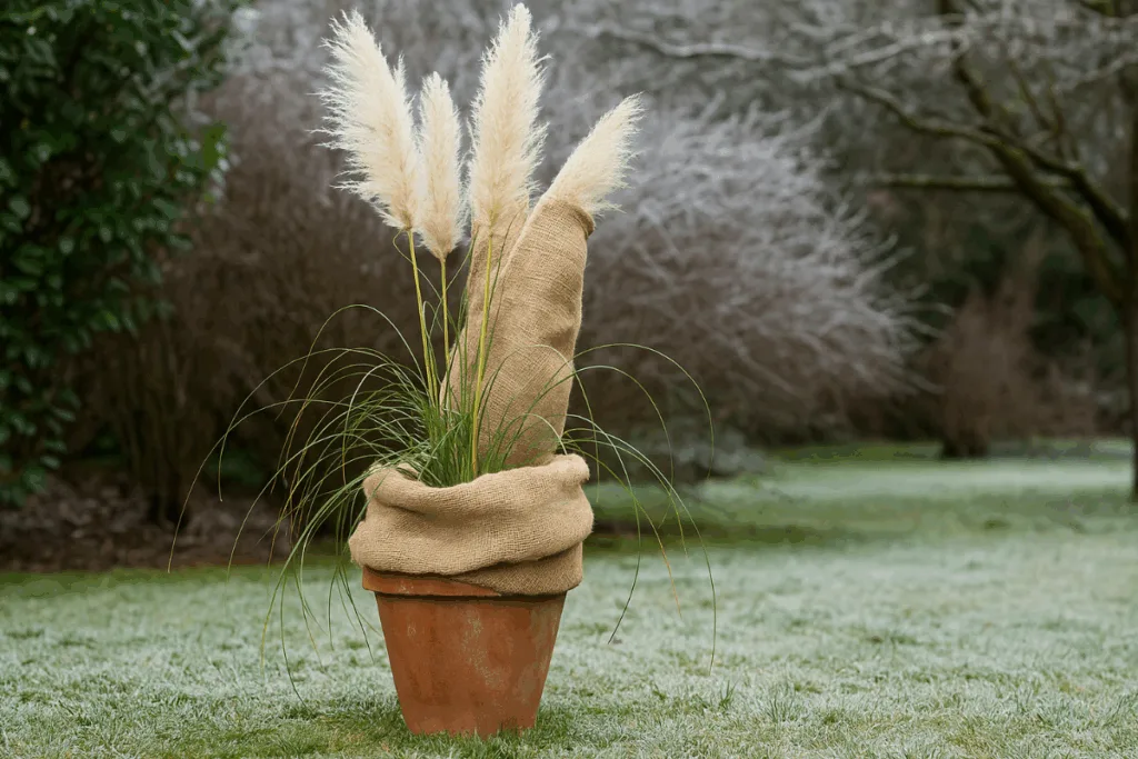 Pampasgras im Topf mit Jute umwickelt zum Überwintern im Garten