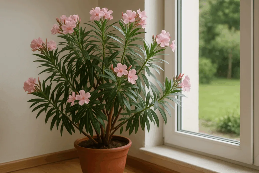 Oleander im Blumentopf am Fenster, idealer Standort zum Überwintern im Haus