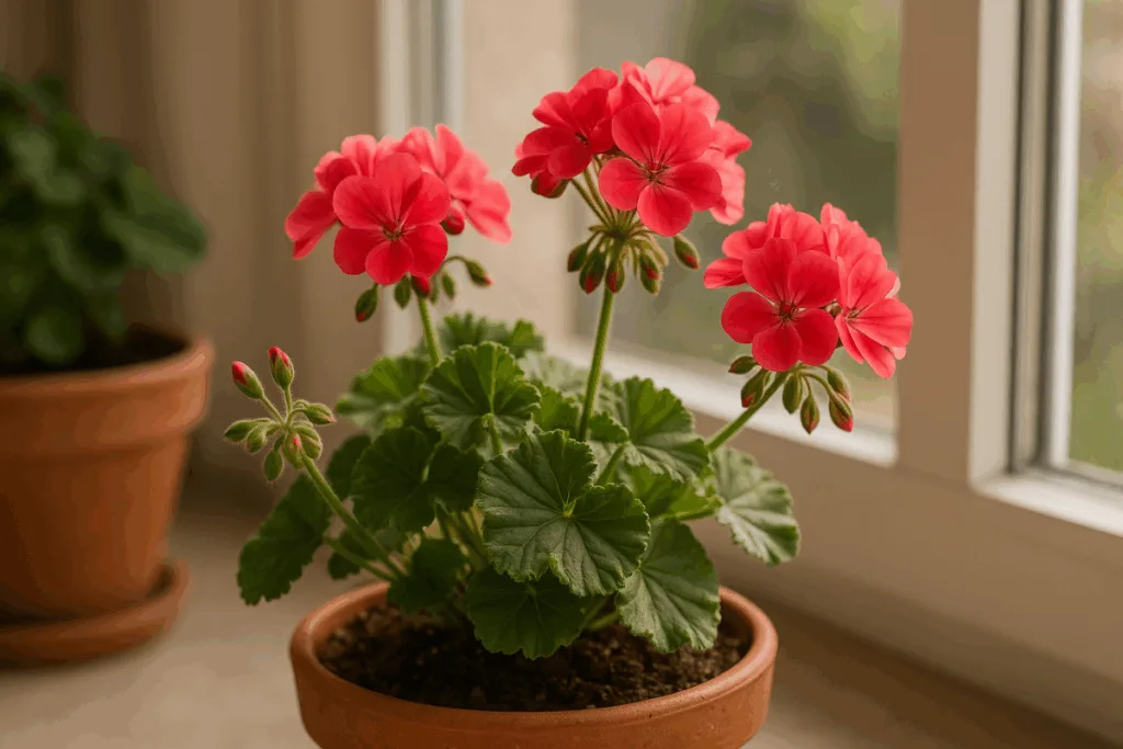 Geranien im Blumentopf am Fenster – Pflanzen im November ins Haus holen.