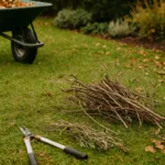 Garten im Oktober mit Schubkarre, Laub und Astschnitt – typische Herbstarbeiten