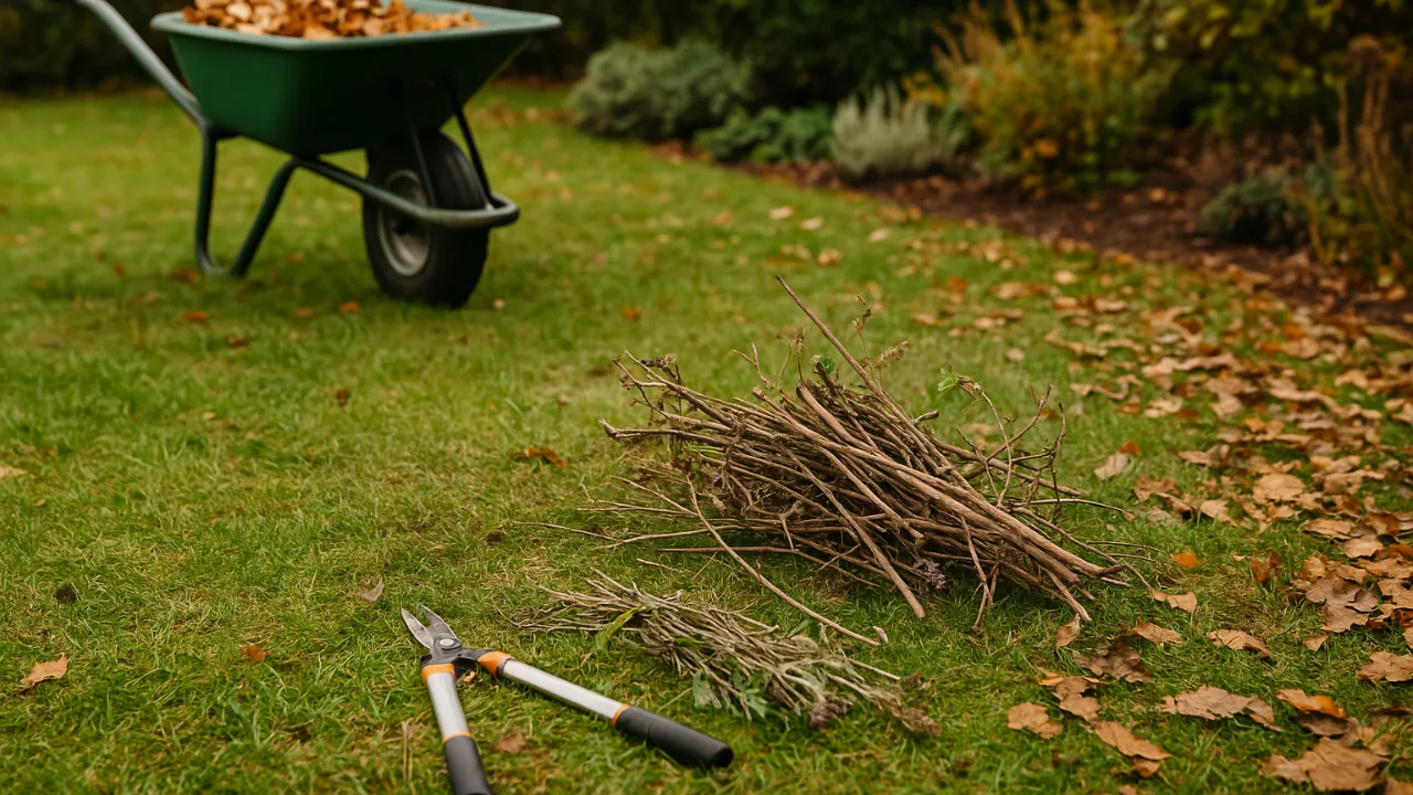 Garten im Oktober mit Schubkarre, Laub und Astschnitt – typische Herbstarbeiten