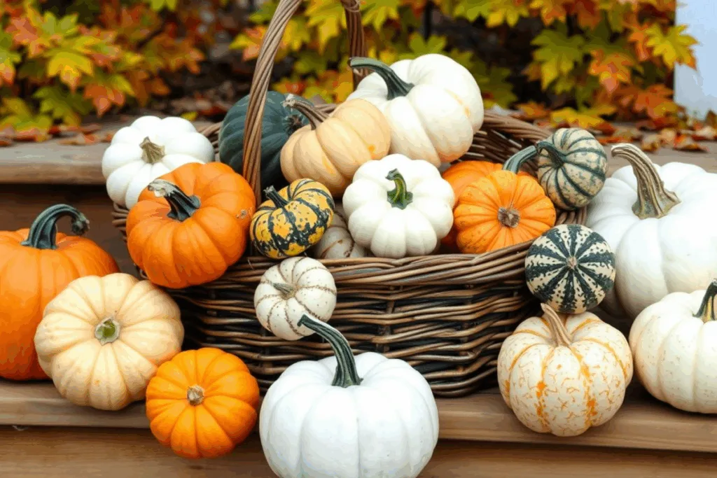 Dekoratives Kürbisarrangement mit verschiedenen Kürbissorten in einem Weidenkorb für die Herbstdeko im Garten