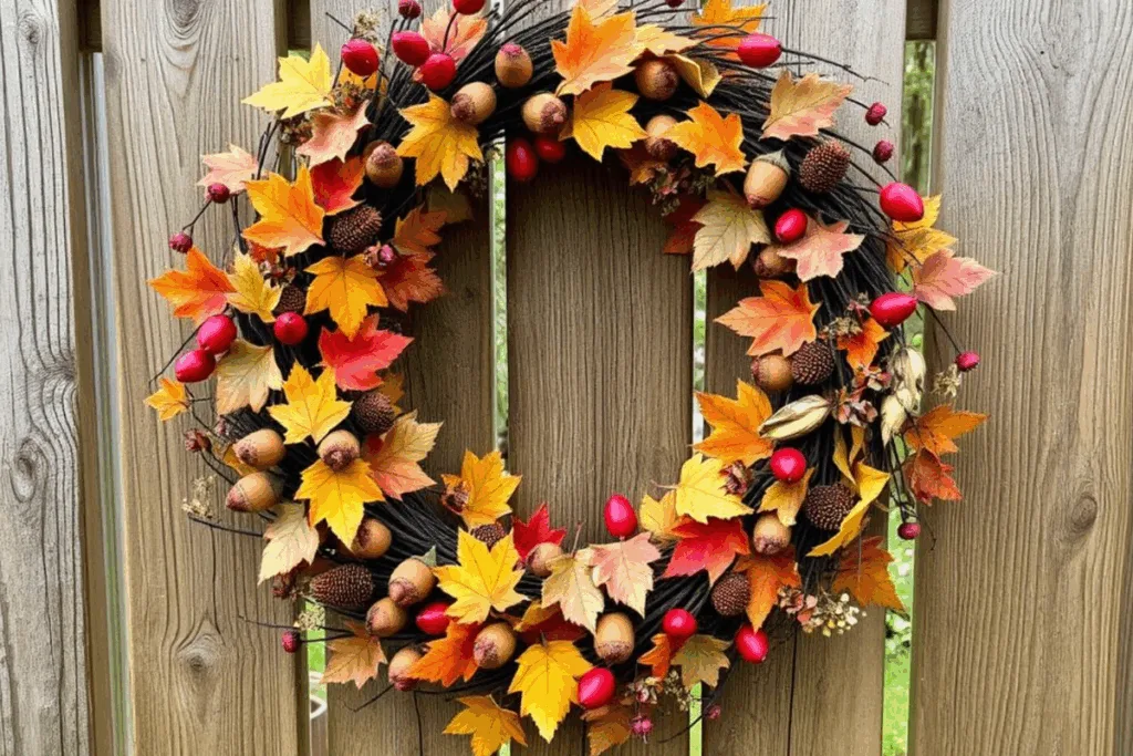 Selbstgemachter Herbstkranz aus Naturmaterialien wie Hagebutten, Eicheln und buntem Herbstlaub für die Gartendeko im Herbst