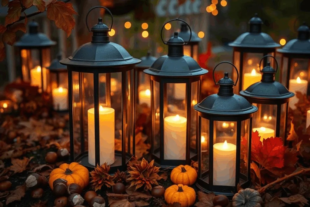 Herbstlich dekorierte Laternen mit Naturmaterialien und LED-Kerzen für stimmungsvolle Herbstdeko im Garten