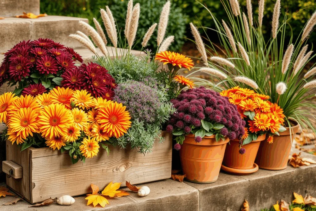 Herbstliches Pflanzarrangement mit Chrysanthemen, Heidekraut und Gräsern in rustikalen Gefäßen für die Gartendeko im Herbst