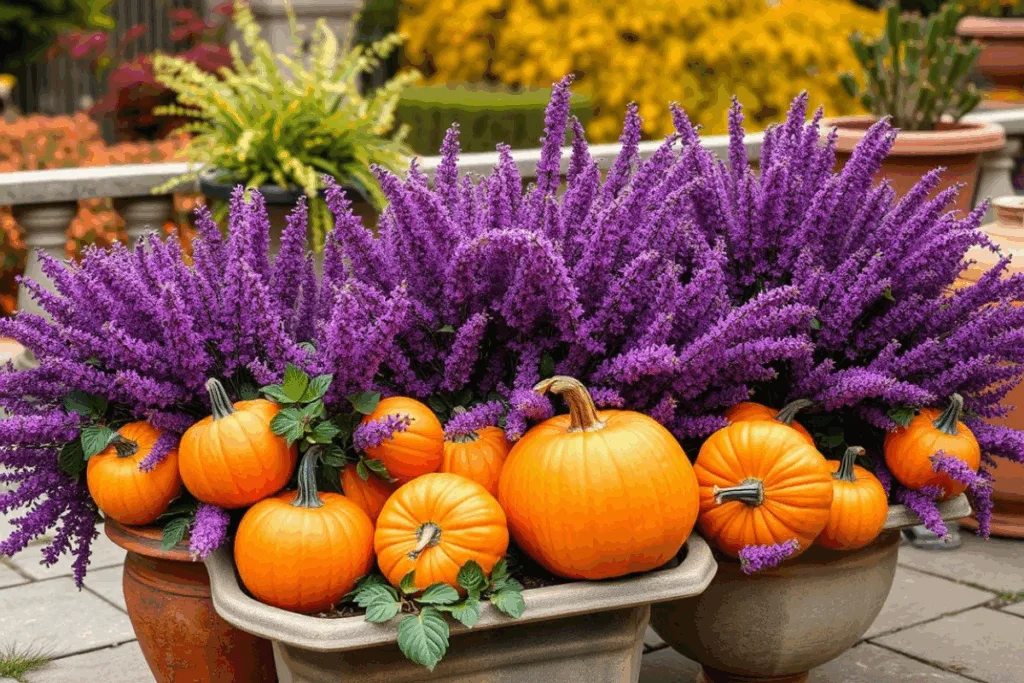 Farbkombination aus violettem Heidekraut und orangefarbenen Kürbissen für die Herbstdeko im Garten