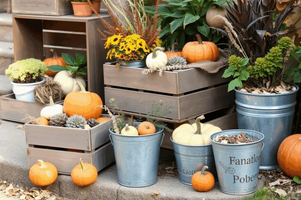 Umfunktionierte Leiter mit herbstlicher Dekoration für den Garten im Herbst