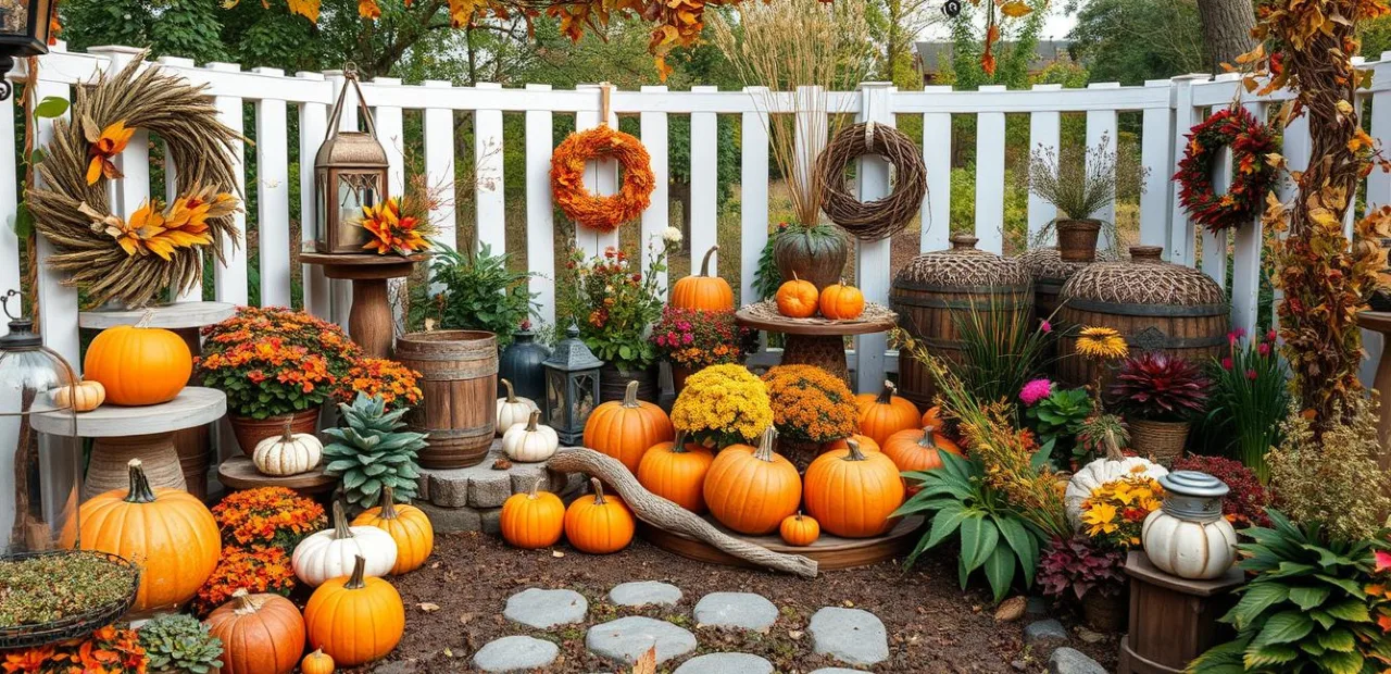 Herbstliche Gartendeko mit Kürbissen, Laternen, bunten Blumen und Kränzen vor weißem Gartenzaun.