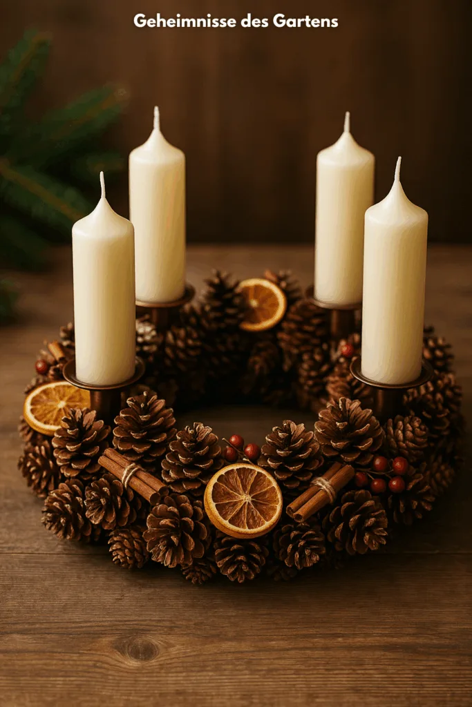 Weihnachtsdeko basteln mit Tannenzapfen – 3 wunderschöne Ideen Tannenzapfen Adventskranz basteln mit Kerzen, Zimtstangen und Orangenscheiben