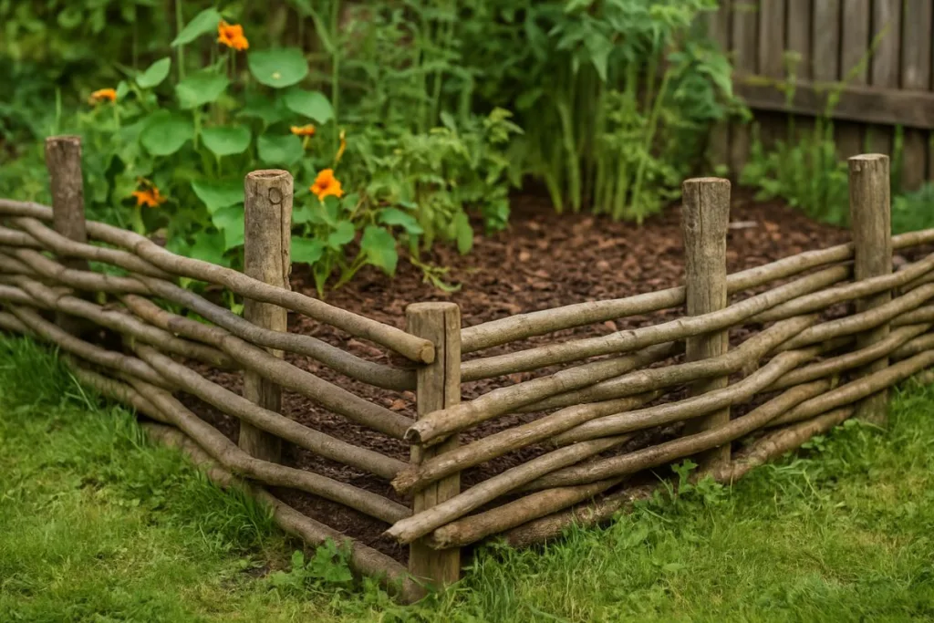 Rustikale Gartenbegrenzung aus Ästen als natürliche Deko im Garten mit grünem Beet und Holzzaun.
