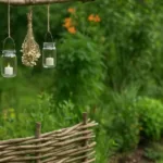 Rustikale Äste Deko im Garten mit Flechtzaun, Solarleuchte und hängenden Windlichtern aus Glas