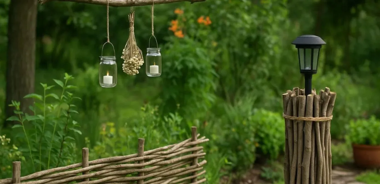 Rustikale Äste Deko im Garten mit Flechtzaun, Solarleuchte und hängenden Windlichtern aus Glas