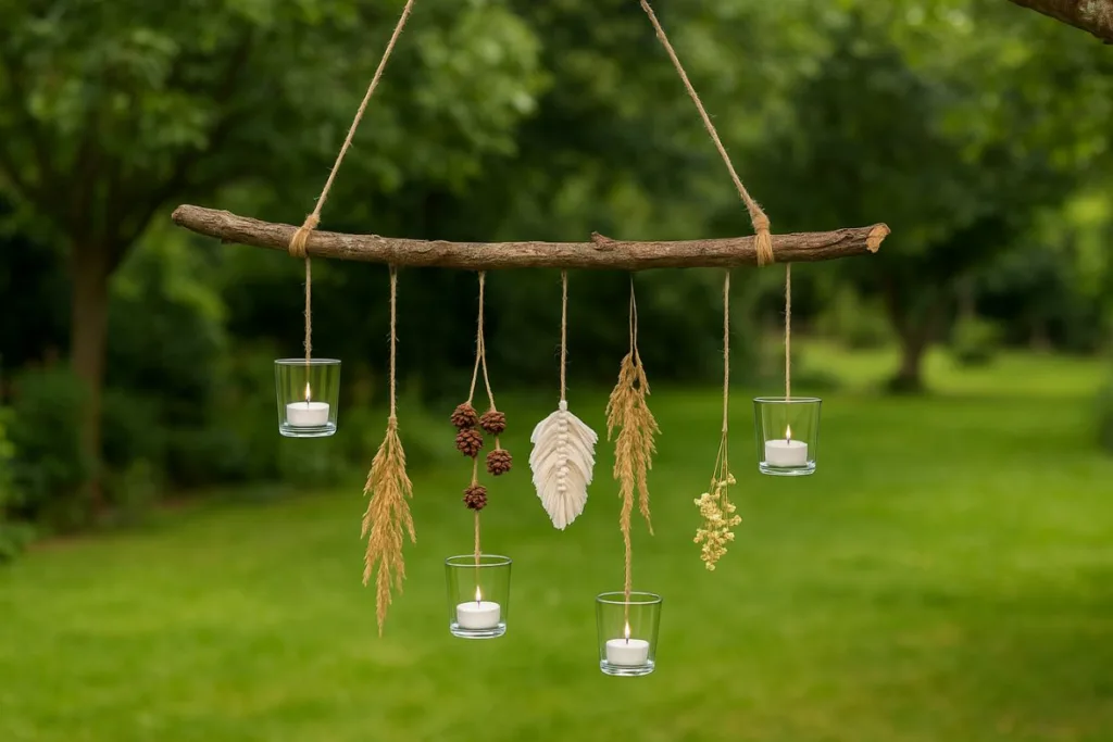 Hängende Ast-Deko im Garten mit Kerzengläsern und Naturmaterialien – schwebende Natürlichkeit für Terrasse.