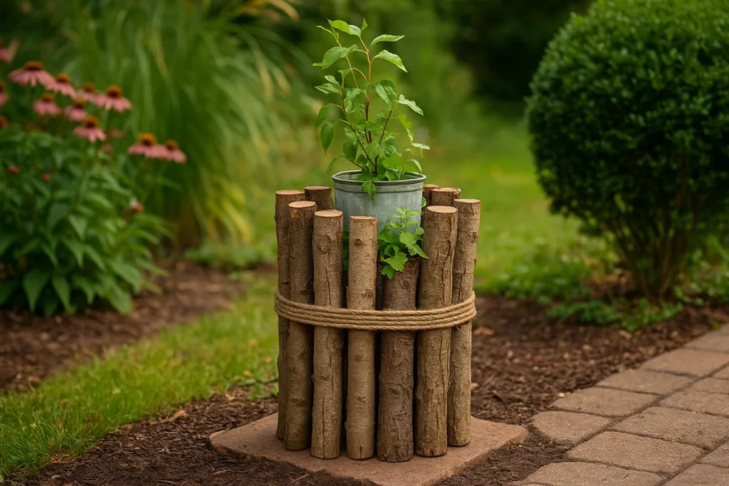 DIY-Dekosäule aus Ästen im Garten – rustikaler Blickfang aus Naturholz mit Pflanze und Juteschnur