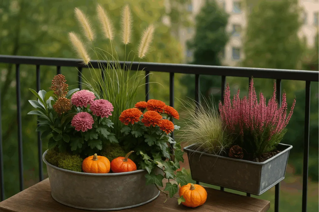 Balkon herbstlich dekorieren - 3 schöne Ideen zum Nachmachen Herbstliches Balkonpflanzarrangement mit Chrysanthemen, Gräsern, Erika und Kürbissen – Balkon herbstlich dekorieren
