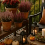Herbstlich dekorierter Balkon mit Kürbissen, Kerzen und Pflanzen – gemütliche Balkon Deko Ideen für den Herbst.