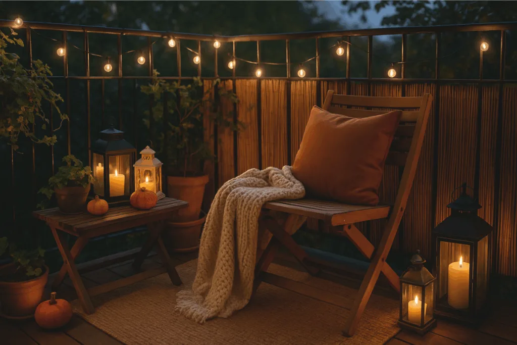 Balkon herbstlich dekorieren - 3 schöne Ideen zum Nachmachen Gemütliche herbstliche Balkon Sitzecke mit Decke, Laternen und Lichterkette – Balkon herbstlich dekorieren